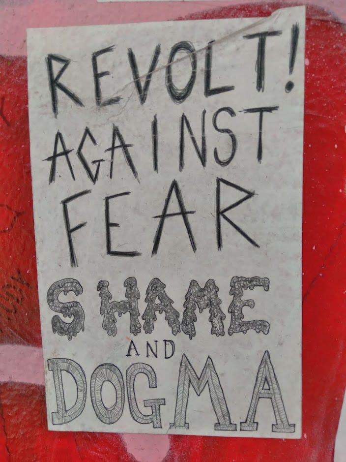 Two wheatpasted flyers. The first reads "Revolt! against fear, shame, and dogma." The second reads "You have agency. Fuck the dictates of authority. Fuck institutional policies, rules, and regulations. Fuck gender roles, social roles, and age roles. Fuck vague impersonal forces. Fuck the diagnosis. There is nothing wrong with you."