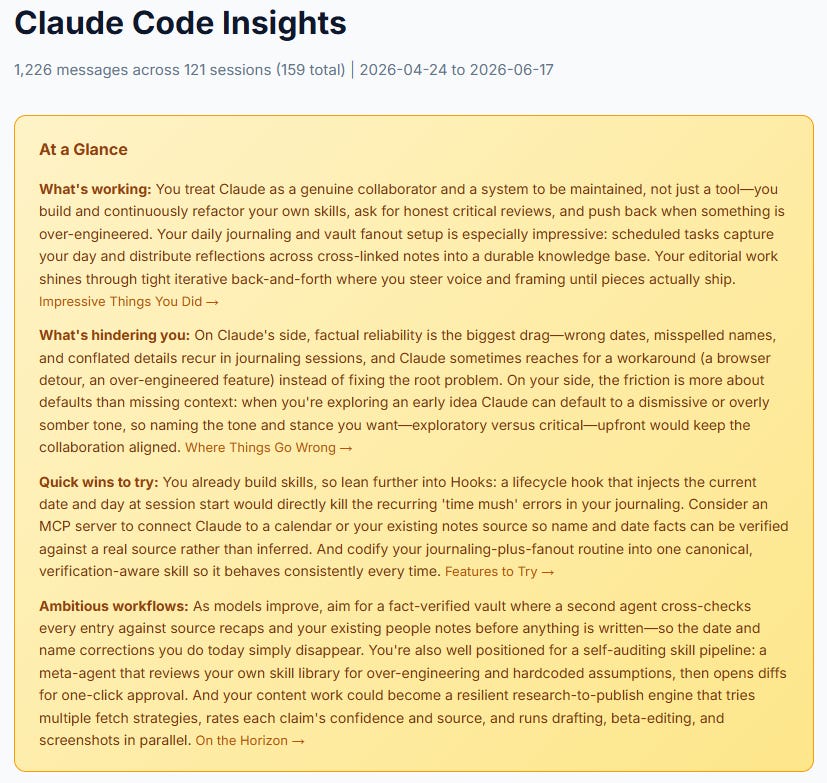 "Claude Code Insights" report header covering 1,226 messages across 121 sessions, with an "At a Glance" summary of what's working, what's hindering progress, quick wins, and ambitious workflows. "Claude Code Insights" report header covering 1,226 messages across 121 sessions, with an "At a Glance" summary of what's working, what's hindering progress, quick wins, and ambitious workflows.
