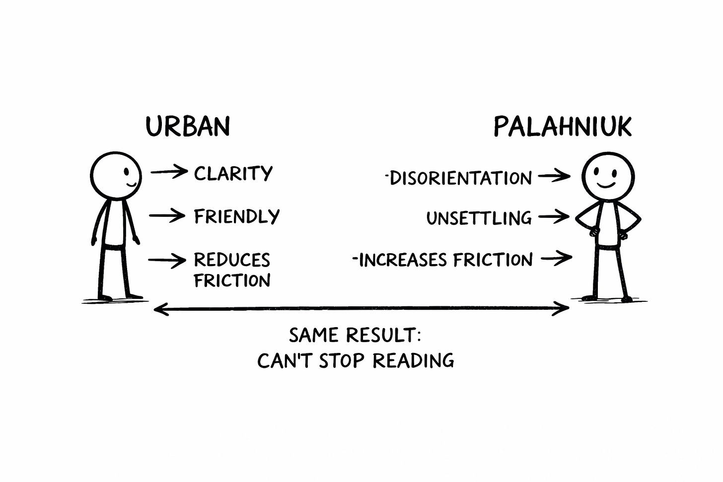Hand-drawn whiteboard spectrum comparing Tim Urban and Chuck Palahniuk writing styles. Urban is associated with clarity, friendly tone, and reduced friction, while Palahniuk is associated with disorientation, unsettling tone, and increased friction. Both approaches lead to the same outcome: “Can’t Stop Reading,” illustrating different writing techniques that produce magnetic reader engagement. Hand-drawn whiteboard spectrum comparing Tim Urban and Chuck Palahniuk writing styles. Urban is associated with clarity, friendly tone, and reduced friction, while Palahniuk is associated with disorientation, unsettling tone, and increased friction. Both approaches lead to the same outcome: “Can’t Stop Reading,” illustrating different writing techniques that produce magnetic reader engagement.