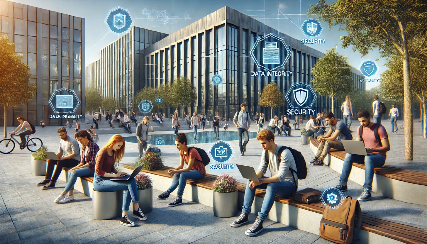 Students on a campus using laptops and phones for a student registration system.
