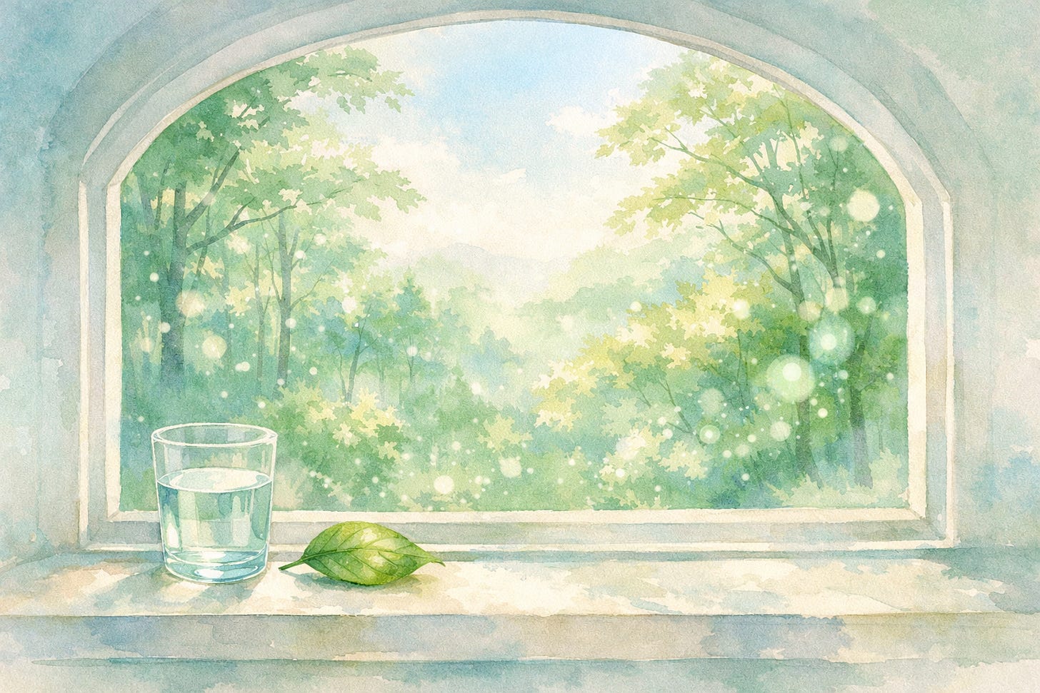 싱그러운 6월의 숲이 보이는 창가 풍경을 담은 수채화 일러스트. 새로운 달을 맞이하며 내면의 에너지를 정돈하고 맑게 비우는 과정을 상징합니다. 싱그러운 6월의 숲이 보이는 창가 풍경을 담은 수채화 일러스트. 새로운 달을 맞이하며 내면의 에너지를 정돈하고 맑게 비우는 과정을 상징합니다.