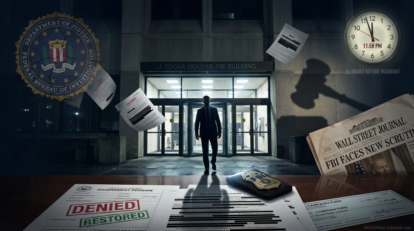 Cinematic 169 photorealistic magazine feature image Dark moody atmosphere with dramatic lightingCentral composition A silhouetted male figure in a suit standing at the threshold of the FBI headquarters entrance (the iconic J Edgar Hoover Bui_image_1