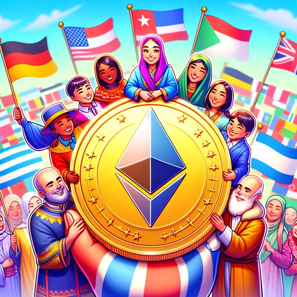 A vibrant image showing an Ethereum coin being embraced by people from different nations. The people are dressed in traditional clothing from various countries, smiling and holding the Ethereum coin together. In the background, there are flags from different countries waving in harmony. The scene is bright and cheerful, symbolizing global acceptance and unity through cryptocurrency.