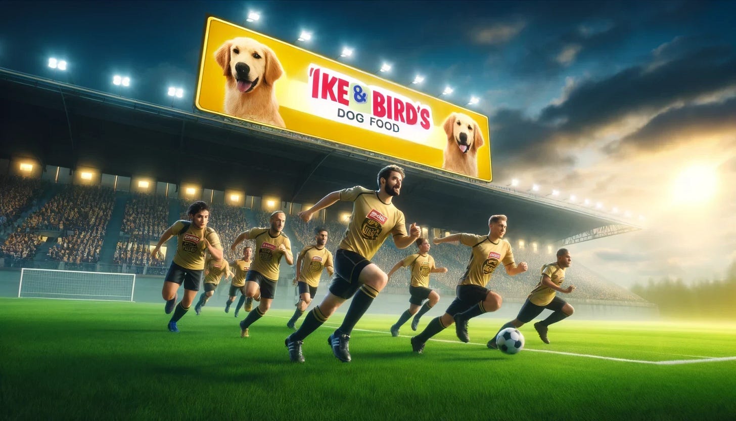 A dynamic scene on a soccer field showcasing a sponsorship deal between a generic sports team and 'Ike & Bird's Dog Food' company, characterized by a larger golden retriever logo. The team, consisting of diverse male and female players, is captured in mid-action, wearing jerseys adorned with a prominently larger logo of 'Ike & Bird's Dog Food'. The stadium atmosphere is enhanced with banners and decorations that prominently feature the brand name 'Ike & Bird's Dog Food'. The scene conveys a vibrant and playful corporate partnership in sports.