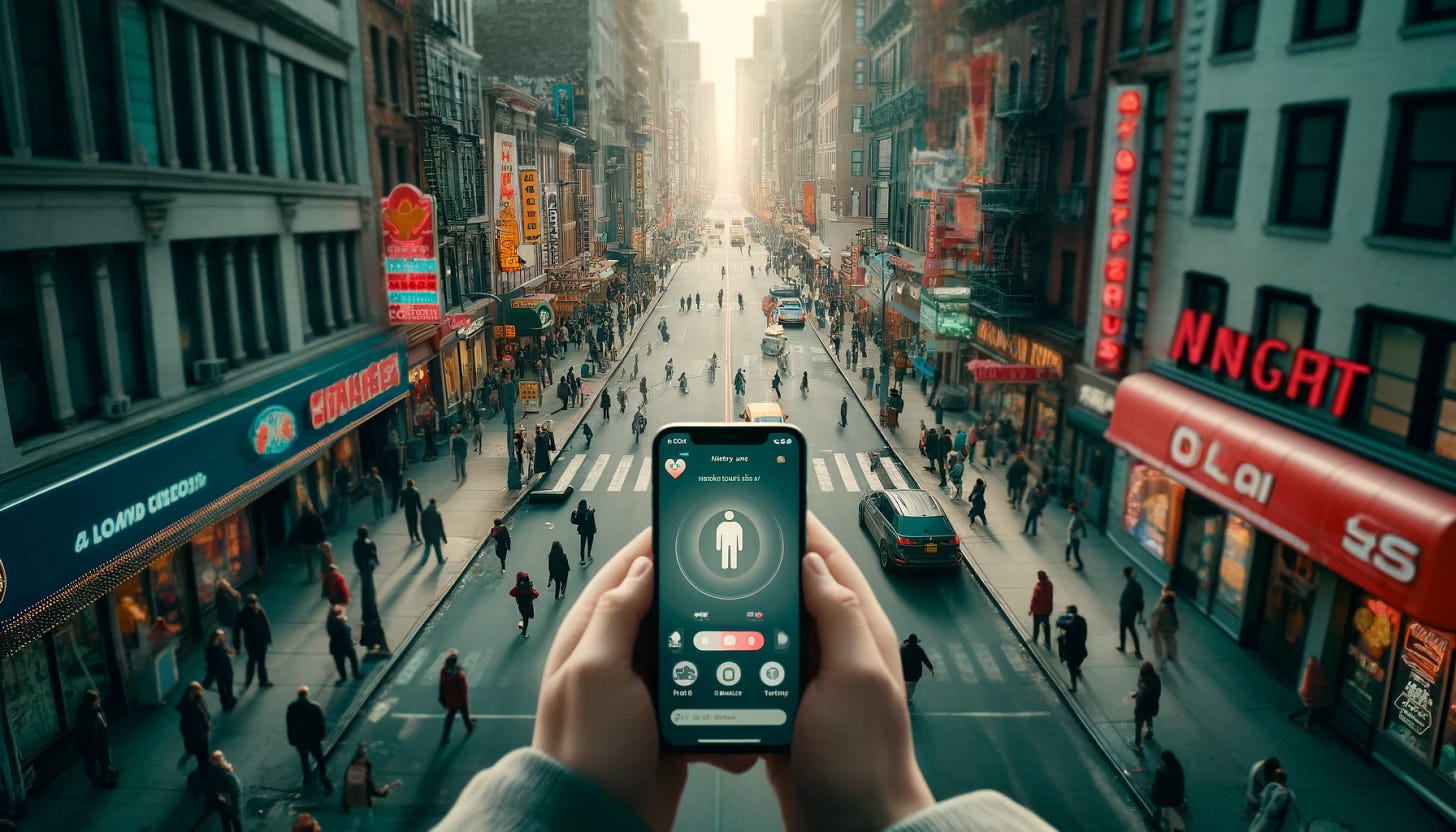It's the same again. The street is darker. The app is held in two hands. The hands and phone are hovering over the street.