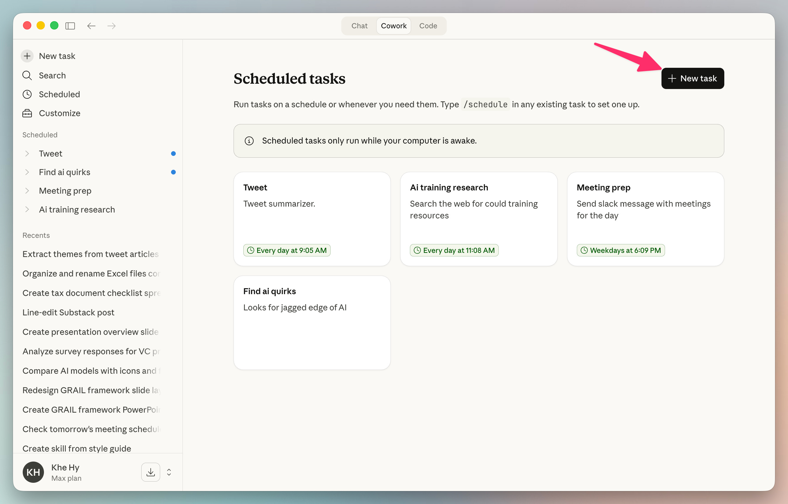 Claude can now run scheduled tasks - by Khe Hy