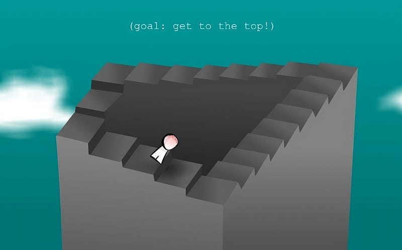 A wounded white figure falling down a set of M. C. Escher stairs in :the game:.