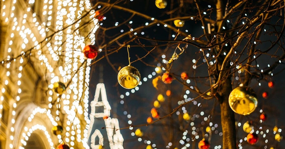 Christmas baubles on tree decor Christmas baubles on tree decor