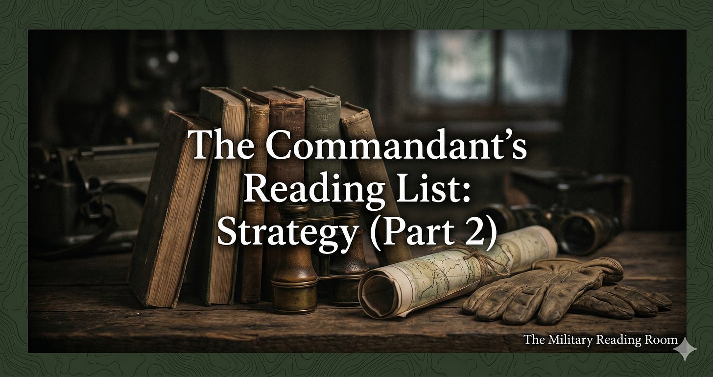A vintage wooden desk scene featuring a row of leather-bound historical books stacked behind a pair of antique brass field binoculars. A rolled-up military topographical map tied with twine rests next to a pair of rugged leather tactical gloves. Centered over the scene, clean white text reads: "The Commandant's Reading List: Strategy (Part 2)." In the bottom-right corner, a subtle white watermark reads: "The Military Reading Room."