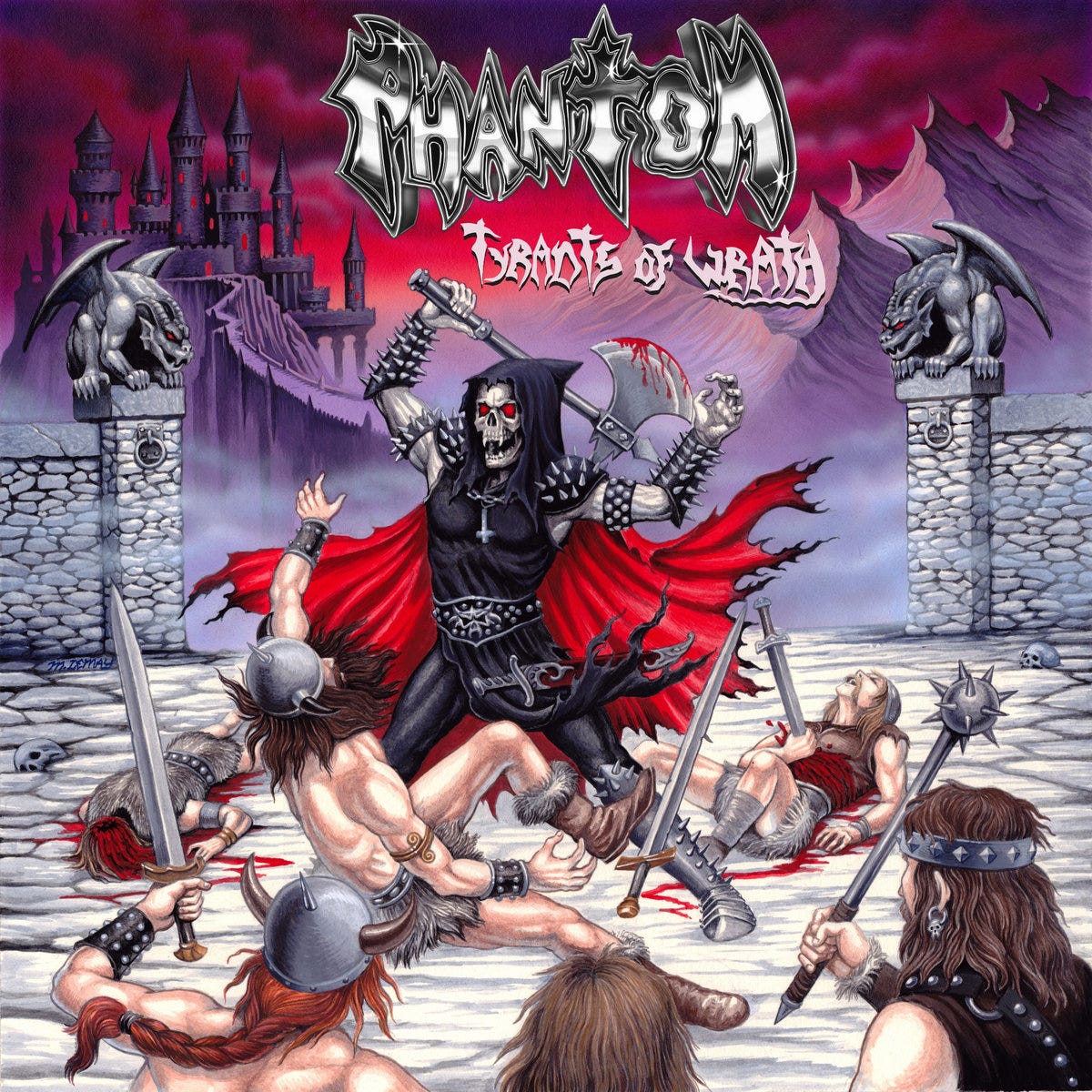 Album cover artwork for Tyrants of Wrath by Phantom showing a painting of an axe wielding hooded skeletal humaniod slaughtering a groups of armed but ineffectively armored human warriors