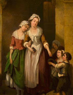 Painting of two women, one giving alms to children Painting of two women, one giving alms to children
