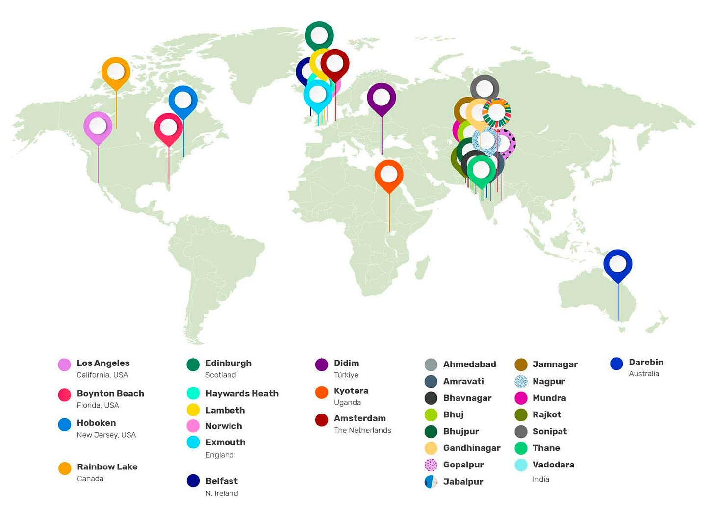 A mercator projection map of the whole world, with pins placed on each city that has adopted the plant based treaty. A mercator projection map of the whole world, with pins placed on each city that has adopted the plant based treaty.