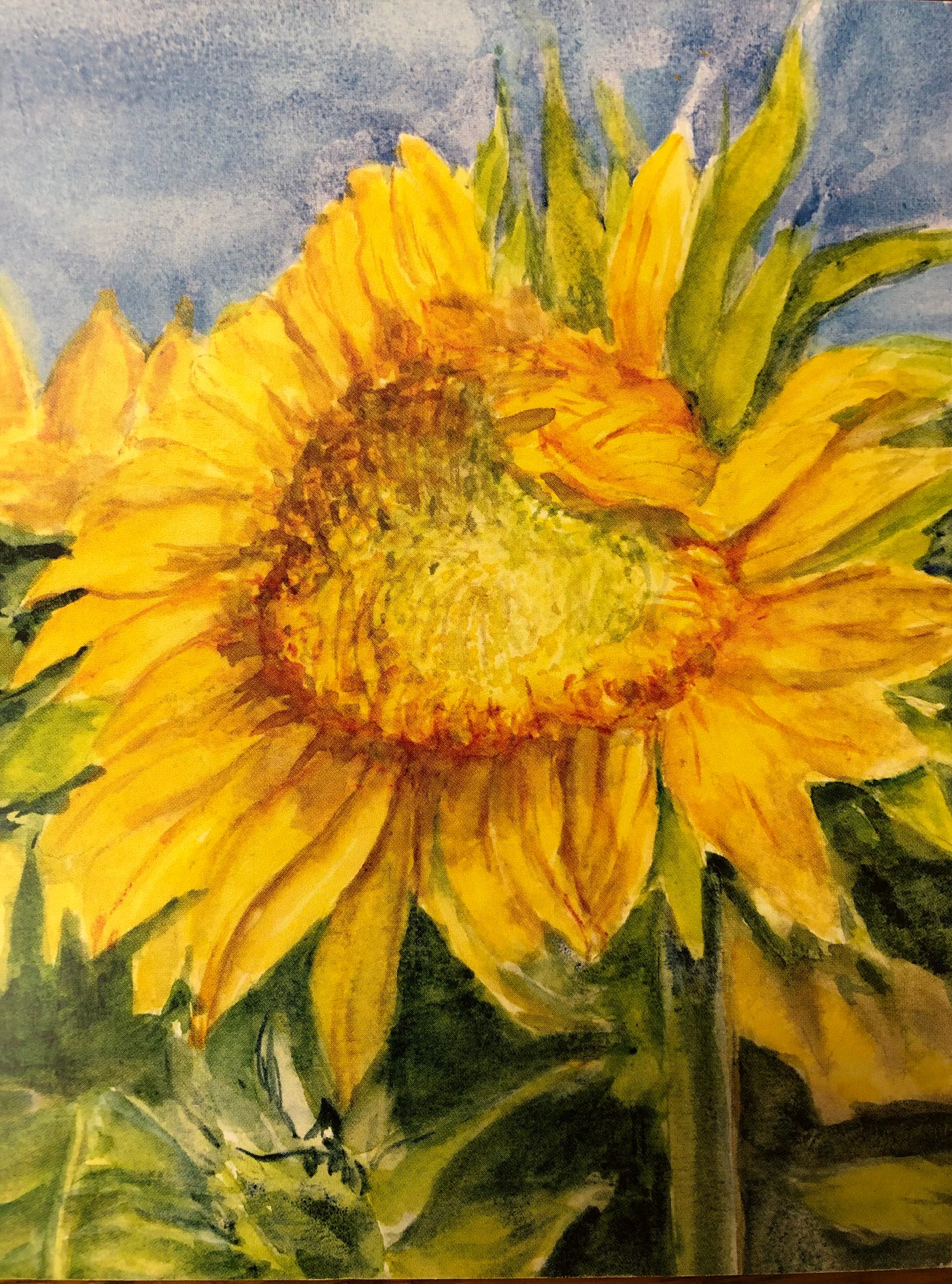 Watercolor painting of a single sunflower against a blue sky. Watercolor painting of a single sunflower against a blue sky.