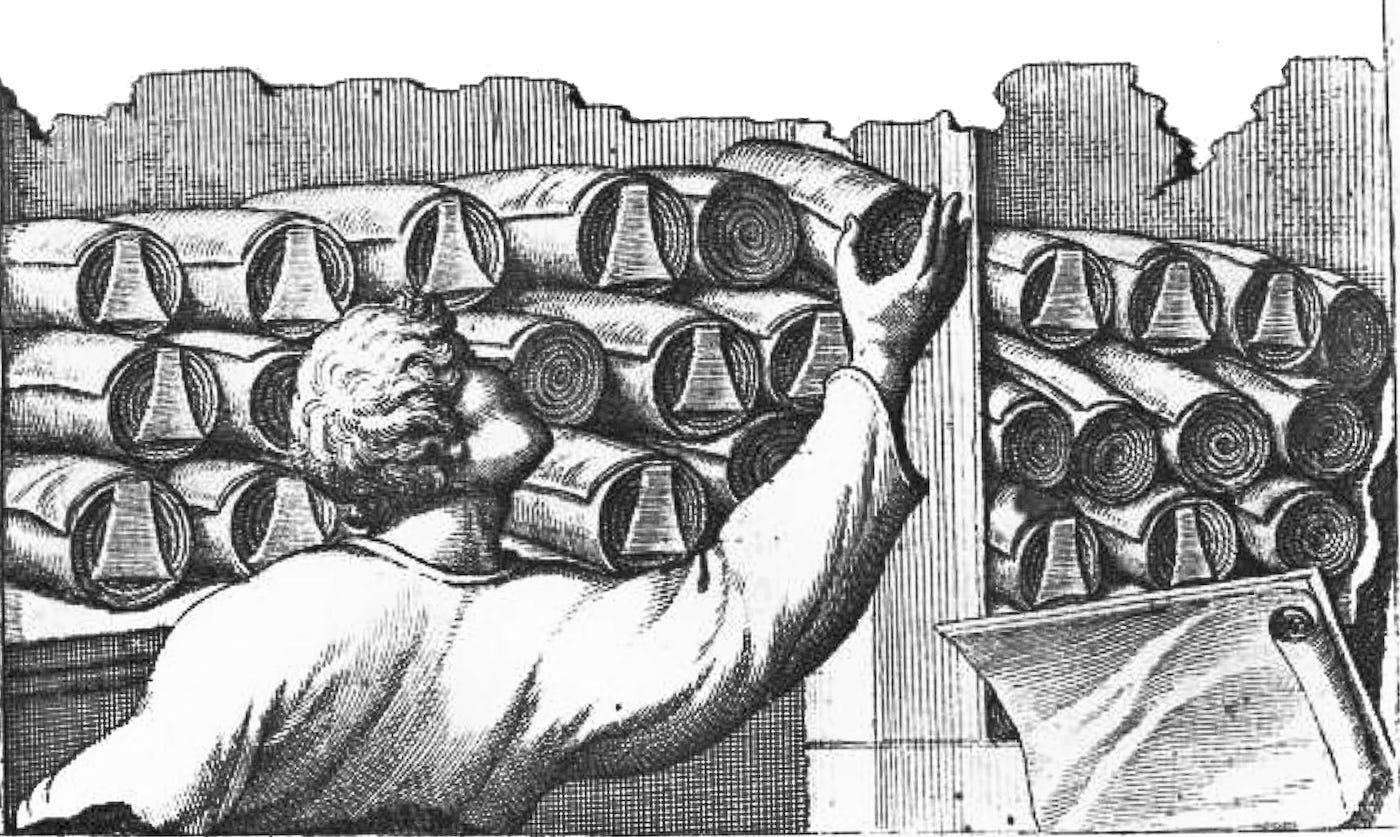 Scholar with papyrus rolls in the Great Library of Alexandria