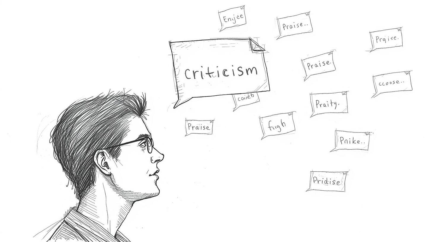 Profile of head with one bold criticism overshadowing ten fading compliments