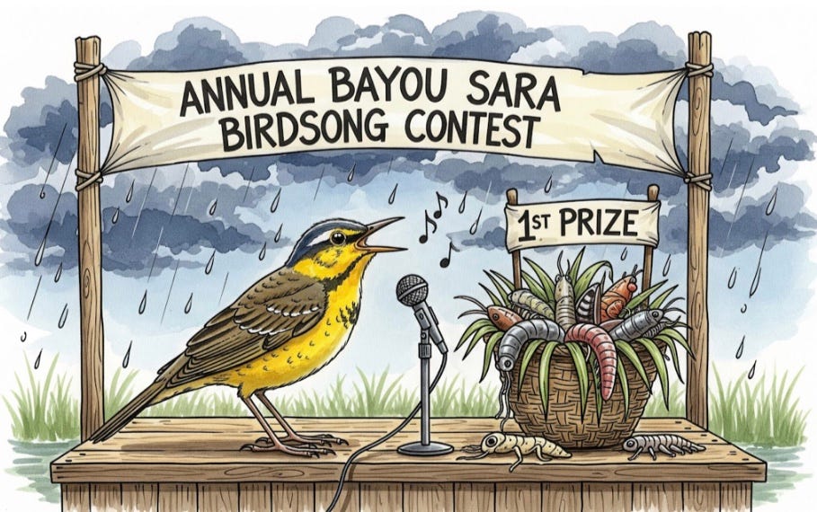 Watercolor image of Louisiana Waterthrush with a storm brewing behind it.