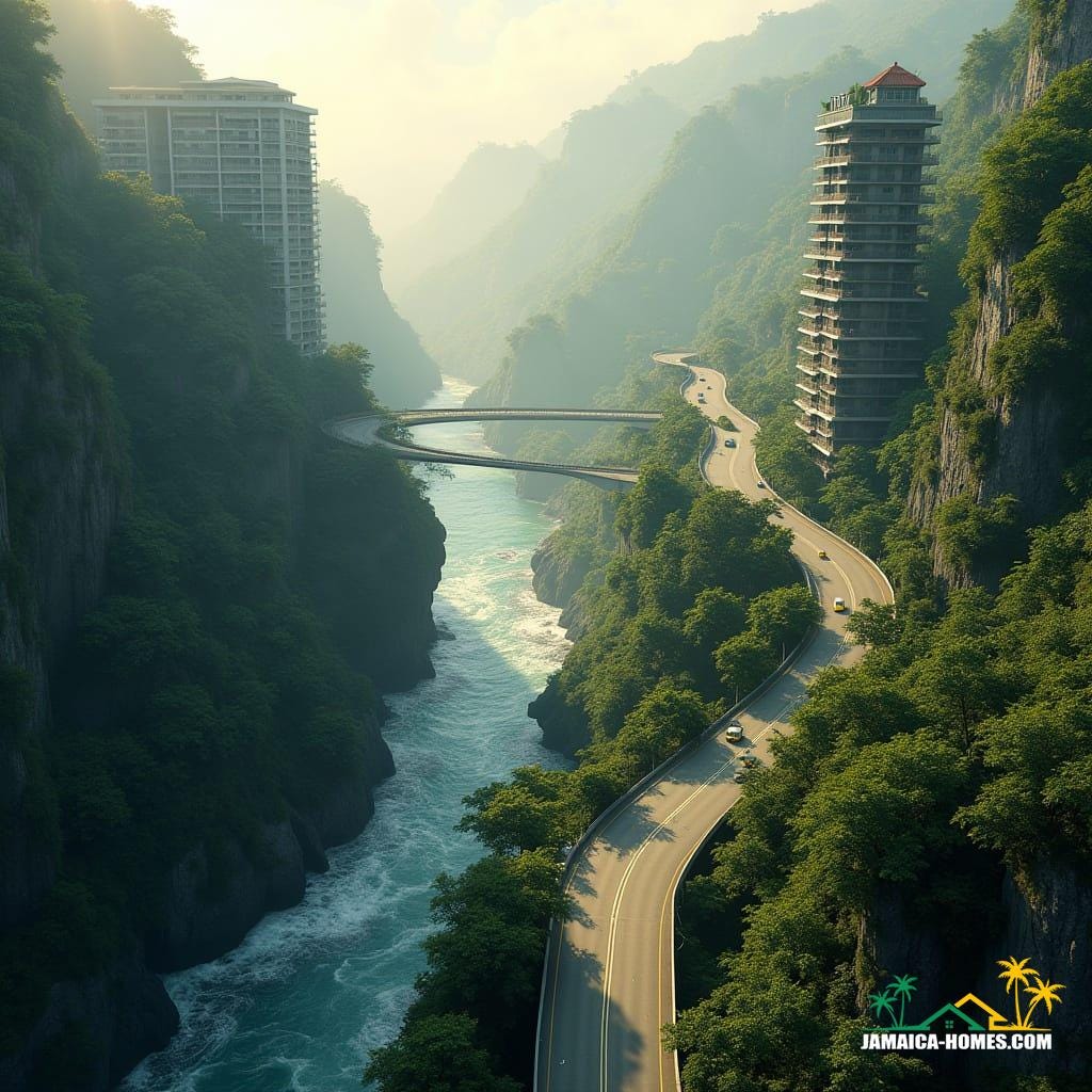 Jamaican mountain pass with narrow winding road, fast-moving river, and lush green cliffs, modern apartment towers rise with realistic glass, concrete, and steel, connected by skybridges, Jamaican taxis and cars navigate, tropical vegetation on cliffs, golden sunlight through misty clouds, in ultra-realistic cinematic style inspired by filmmakers like Denis Villeneuve, Roger Deakins, and Emmanuel Lubezki, with cinematic lighting, film grain, and vignette.