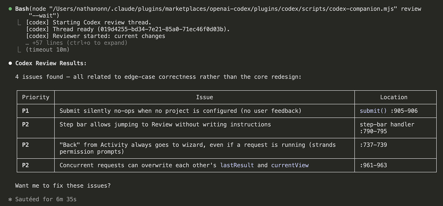 OpenAI's Codex reviewing Claude Code's diff and returning a ranked table of issues