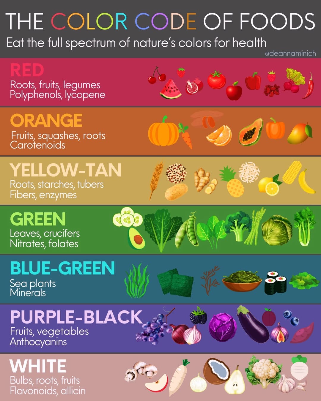 May be a doodle of text that says 'THE COLOR CODE OF FOODS Eat the full spectrum of nature's S colors for health @deannaminich RED Roots, fruits, legumes Polyphenols, lycopene ORANGE Fruits, squashes, roots Carotenoids YELLOW-TAN Roots, starches, tubers Fibers, enzymes GREEN Leaves, crucifers Nitrates, folates BLUE-GREEN Sea plants Minerals UNOU PURPLE-BLA BLACK Fruits, vegetables Anthocyanins WHITE Bulbs, roots, fruits Flavonoids, allicin'