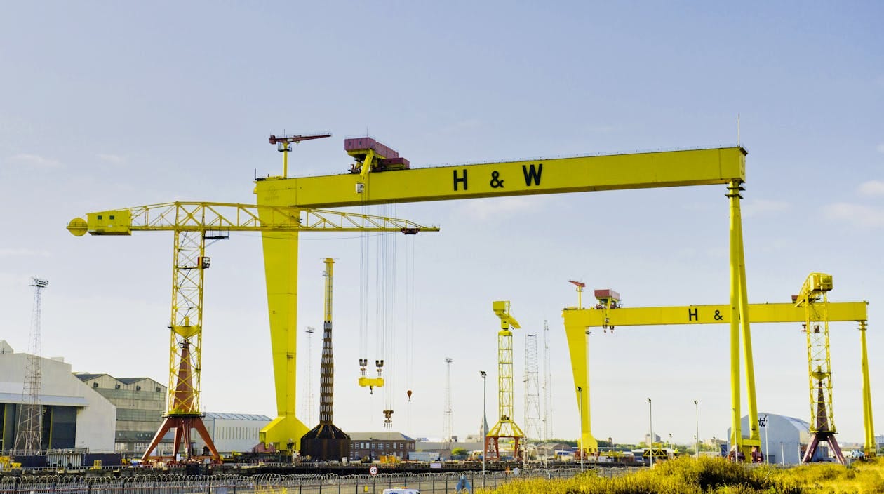 Free Iconic Harland & Wolff cranes stand tall in Belfast's historic shipyard. Stock Photo