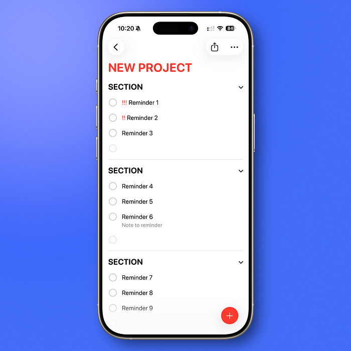 Apple Reminders list on iPhone organized into sections, preparing for Column View task management. Apple Reminders list on iPhone organized into sections, preparing for Column View task management.
