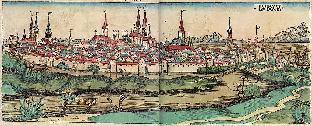 Medieval illustration of Lübeck depicting the city's many church spires. Medieval illustration of Lübeck depicting the city's many church spires.