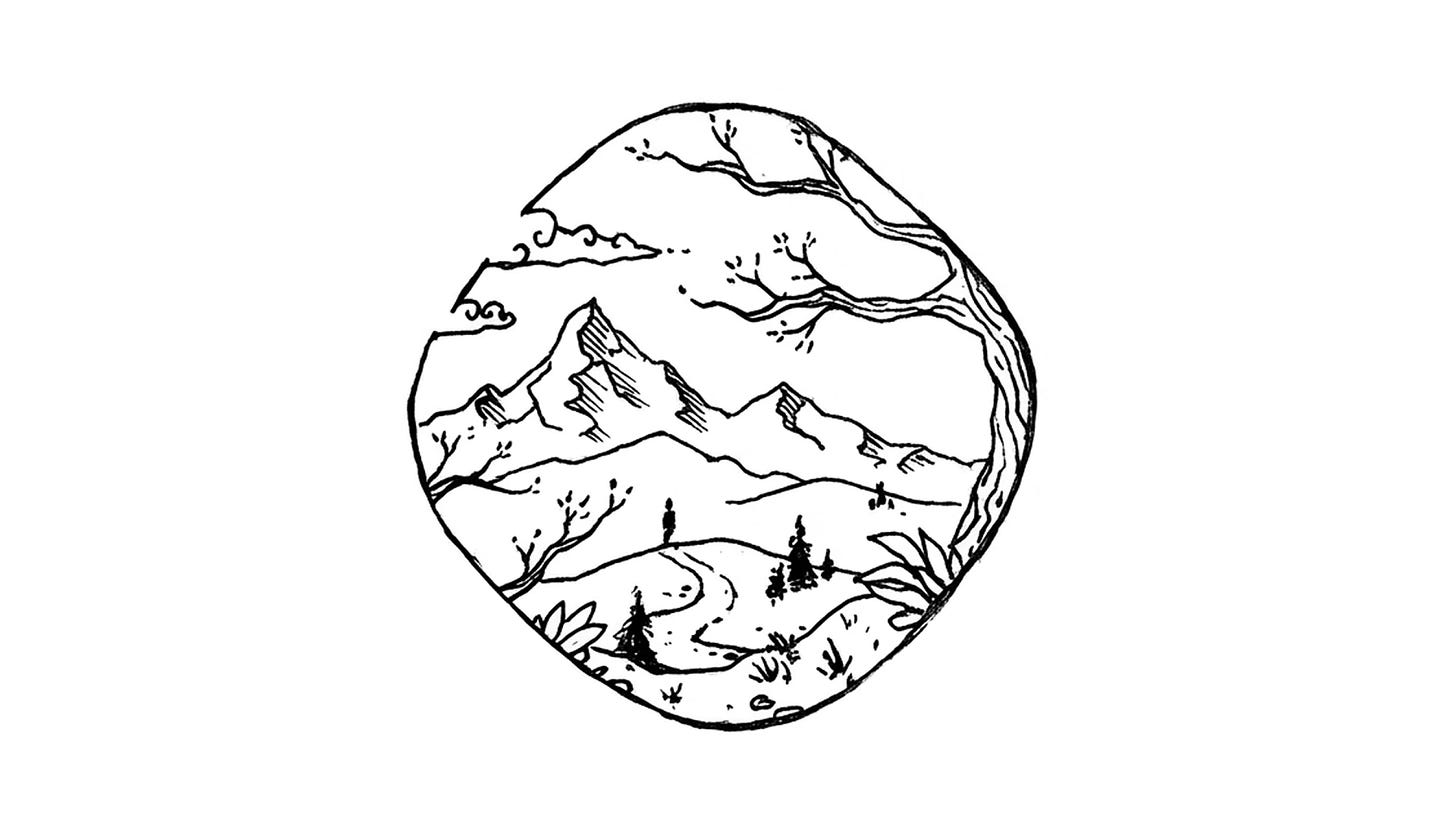 tiny image with the landscape, distant mountains and the person looking at them wondering which path to which mountain to choose.