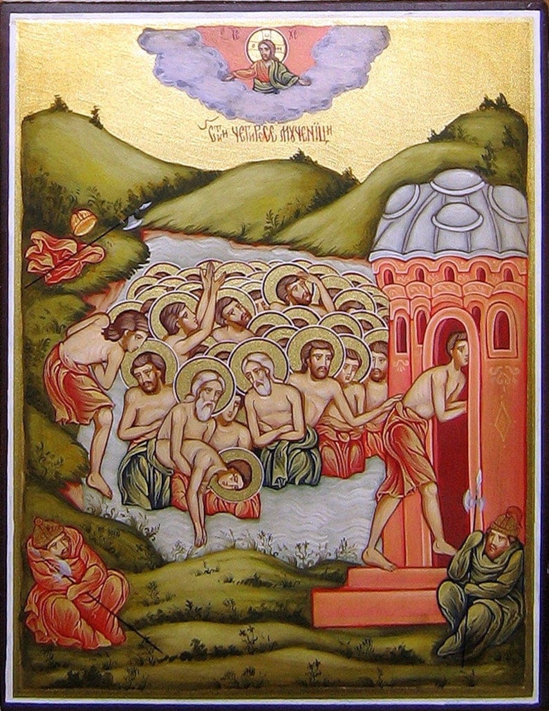 May include: A religious icon depicting a scene of Christian martyrdom. The icon is painted in a traditional style with gold accents. The scene depicts a group of people being thrown into a river. The people are depicted as being naked and bound. The river is depicted as being dark and turbulent. Above the scene is a depiction of Jesus Christ in heaven. The text on the icon reads 'Святые Честные Мученики' which translates to 'Holy Righteous Martyrs'.
