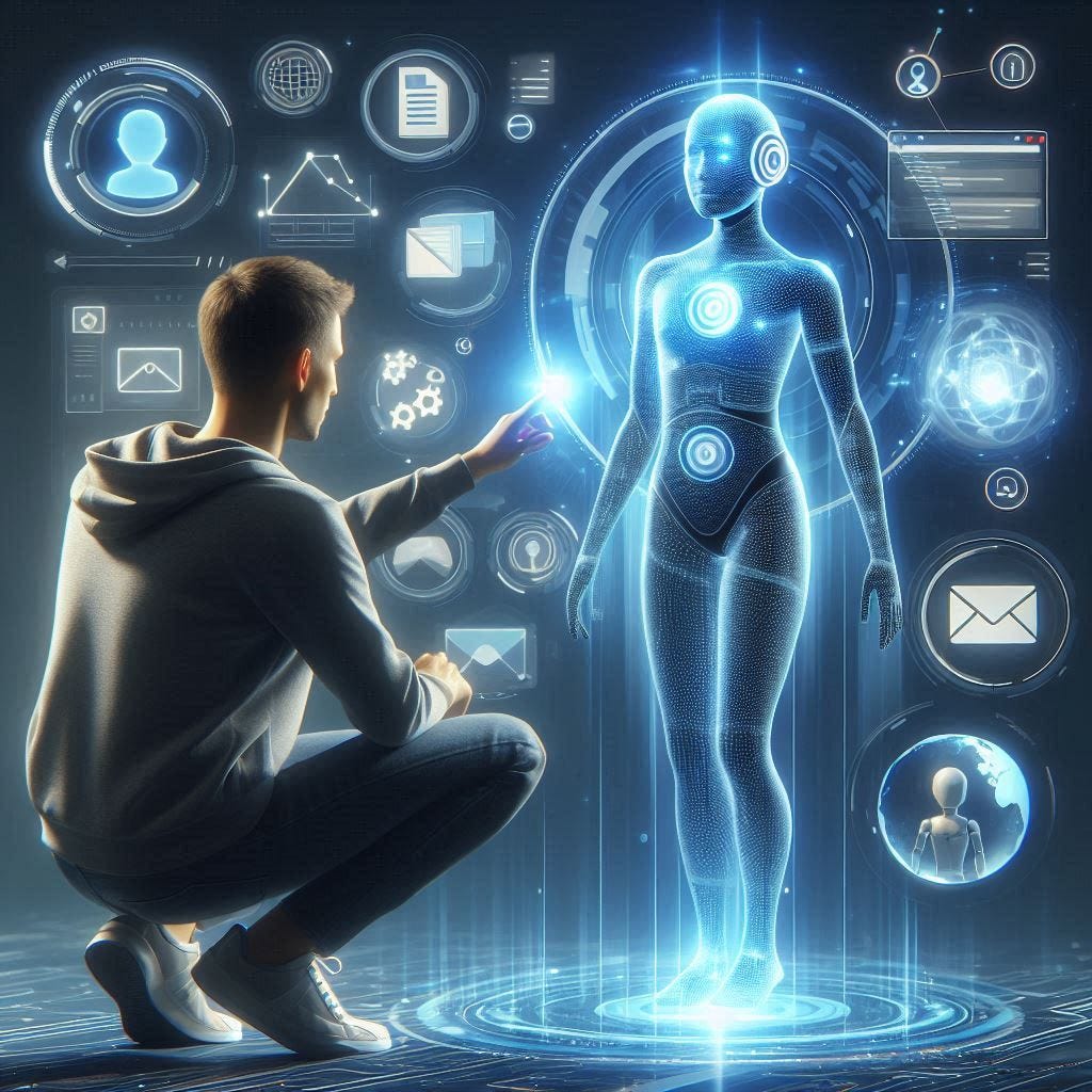 A realistic digital illustration showing a human working collaboratively with a futuristic AI assistant made of holographic light. Floating data and tools surround them, representing productivity, email handling, and GenAI action.