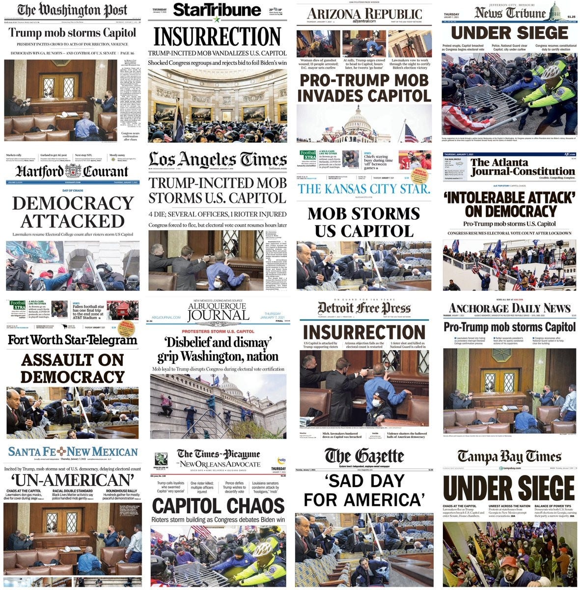 Front pages of American newspapers after Jan. 6, 2021, with headlines like "Capitol Chaos," "Assault on Democracy," "Pro-Trump mob storms Capitol." Front pages of American newspapers after Jan. 6, 2021, with headlines like "Capitol Chaos," "Assault on Democracy," "Pro-Trump mob storms Capitol."