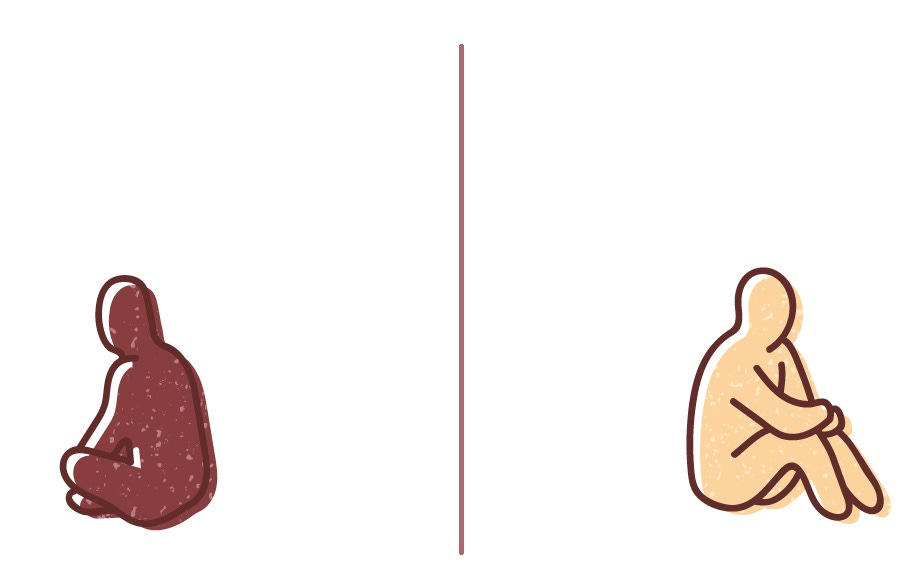 Illustration of two humanoid figures sitting on the ground a long way apart and facing away from each other with a dividing wall between them.
