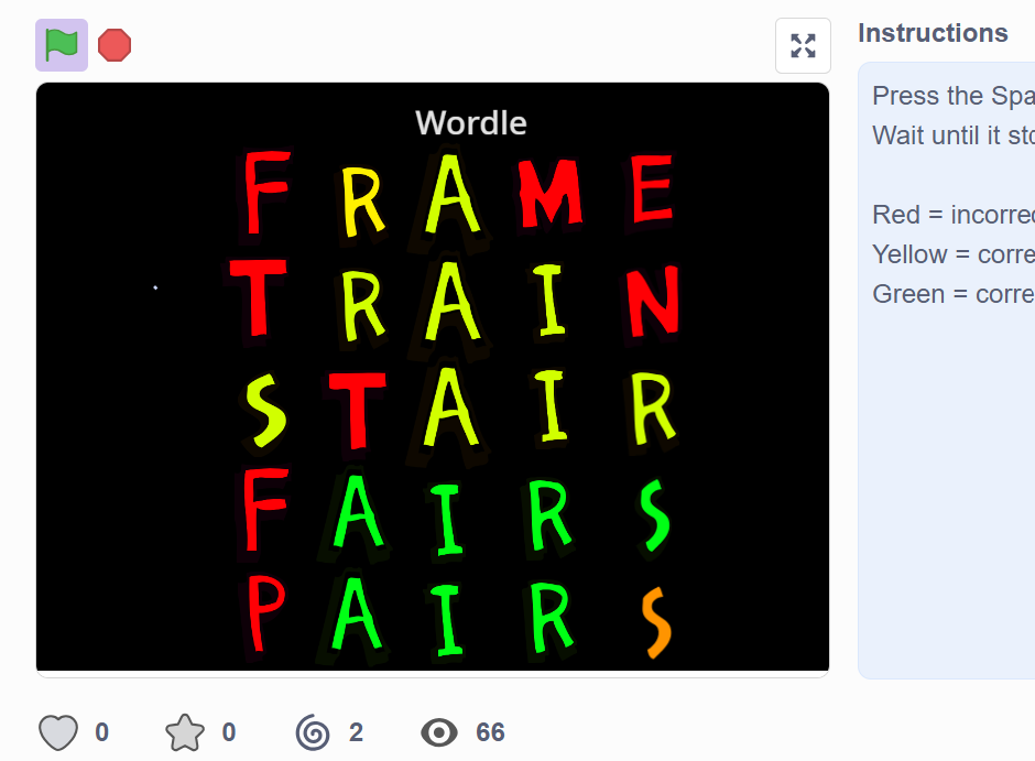 Wordle game with black background and letters that are red, green, or yellow. This Wordle game was unsuccessful. Guessed words are Frame, Train, Stair, Fairs, and Pairs.