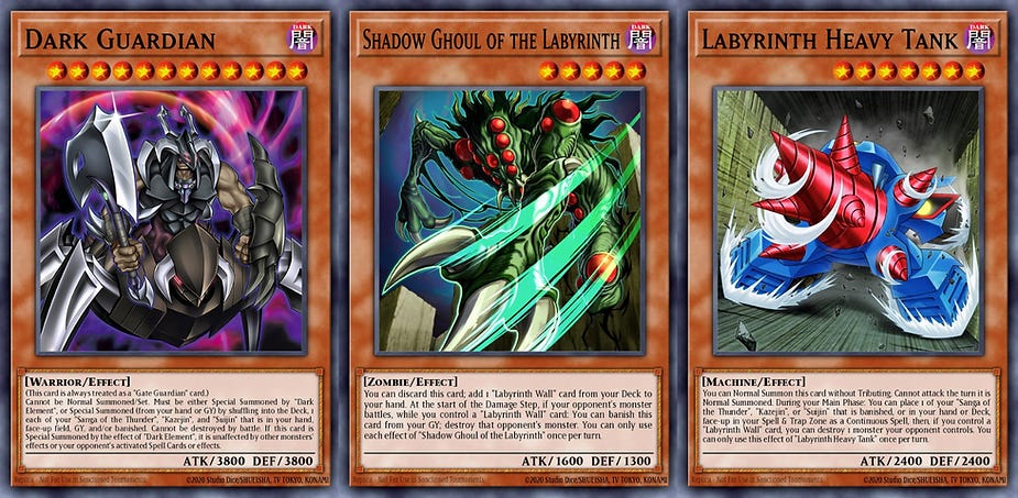 Three Yu-Gi-Oh! cards: Dark Guardian, Shadow Ghoul of the Labyrinth, and Labyrinth Heavy Tank, featuring detailed artwork and effect text.