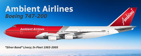 A selection of former Ambient fleet aircraft: 1) Airbus A340-300 (Silver Band); 2) Airbus A380 (Audiowave); 3) Boeing 747-200 (Silver Band); 4) Boeing 747-400ER (Silver Band); 5) Boeing 747-8 Intercontinental (Audiowave); and Airbus A340-600 (Audiowave) - all shown in side view.