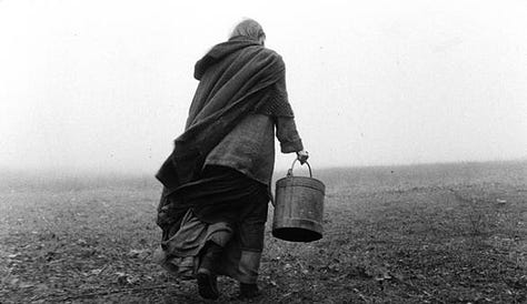 a woman carrying a bucket of water, a man driving a horse, a man and woman eating potatoes in the dark