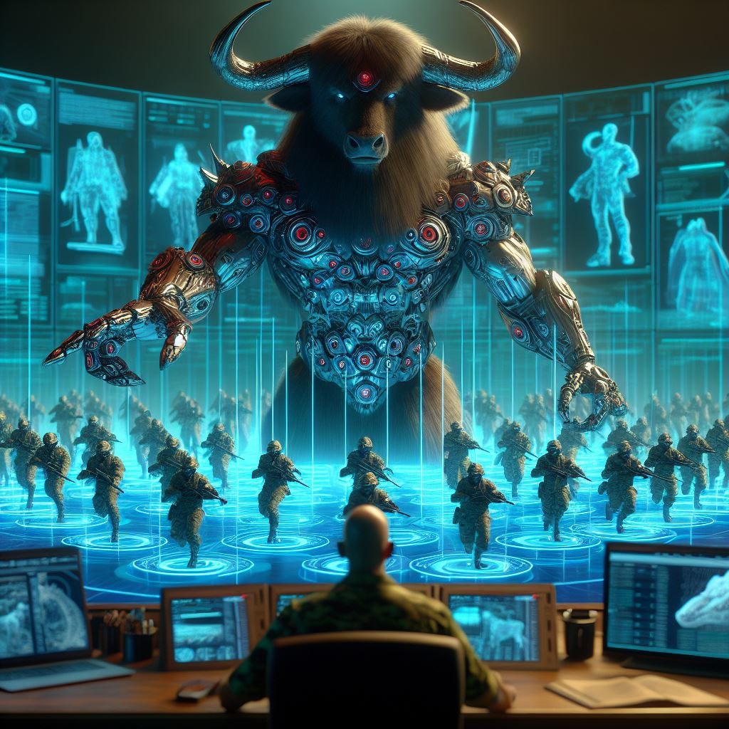 A Minotaur with a robot head and a human body is directing holographic soldiers on a battlefield. The Minotaur stands centered behind a desk with many screens in the background, the army is a hologram. Photorealistic. HD Photography. A Minotaur with a robot head and a human body is directing holographic soldiers on a battlefield. The Minotaur stands centered behind a desk with many screens in the background, the army is a hologram. Photorealistic. HD Photography.