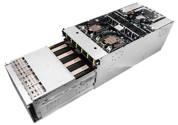 永擎 8U16X-GNR2 B300 直達晶片液冷伺服器,內部可見冷板與 GPU 托盤(圖:永擎電子官方產品圖) 永擎 8U16X-GNR2 B300 直達晶片液冷伺服器,內部可見冷板與 GPU 托盤(圖:永擎電子官方產品圖)