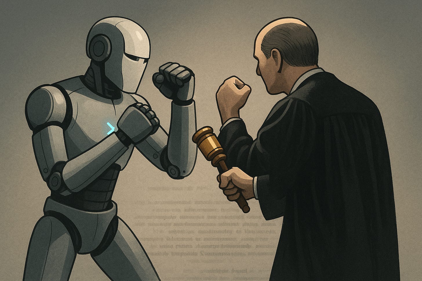 Ilustração editorial com um robô metálico simulando um treino de boxe contra um juiz de toga segurando um malhete, representando o embate simbólico entre IA e o Poder Judiciário sobre uso ético e válido de ferramentas como ChatGPT.