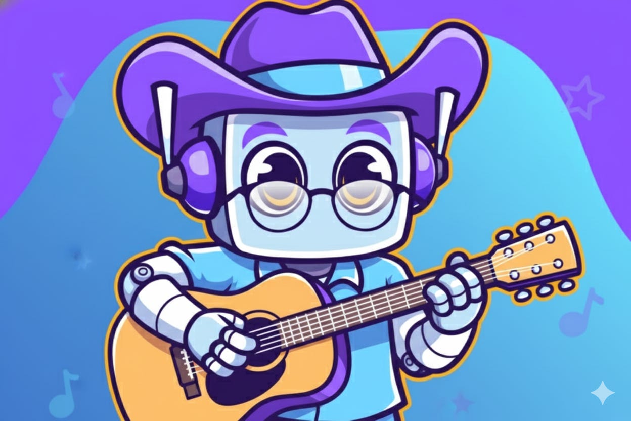 NeuralBuddy, a light blue and purple robot wearing glasses, a cowboy hat, and a vest, plays an acoustic guitar.