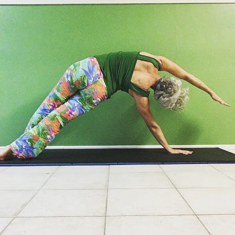 nine photos with a white haired woman in exercise clothing doing each of the Pilates exercises listed in the email