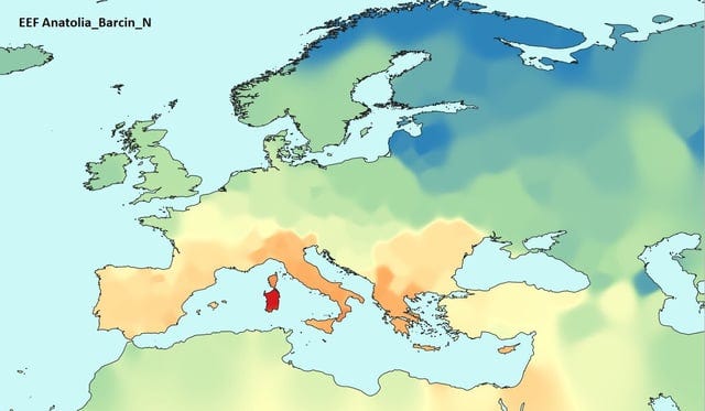 r/MapPorn - Genetic distance of modern populations to the Neolithic Anatolian farmers (6200 BCE) who first spread agriculture across Europe. Red = closest distance, Blue = furthest distance.