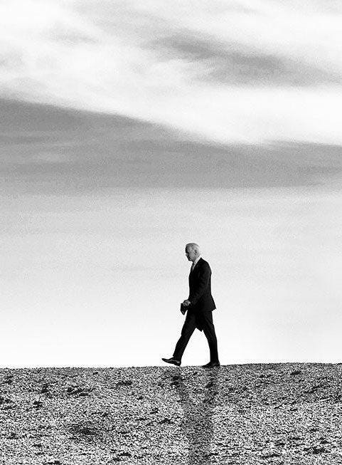 Biden, walking. Black and white image
