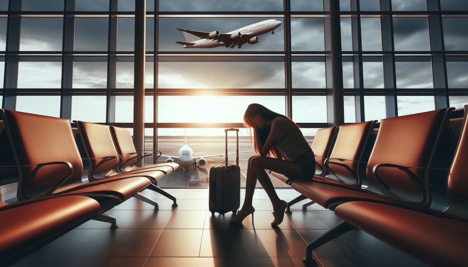 Woman sits with her head in her hands as the plane takes off behind her.