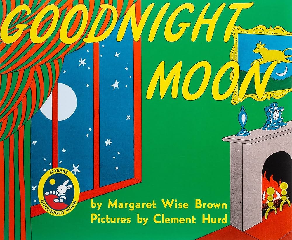 cover of Goodnight Moon by Margaret Wise Borwn and illustrations by Clement Hurd; shows a colorful room with a fireplace and a red window looking out at moon and stars cover of Goodnight Moon by Margaret Wise Borwn and illustrations by Clement Hurd; shows a colorful room with a fireplace and a red window looking out at moon and stars