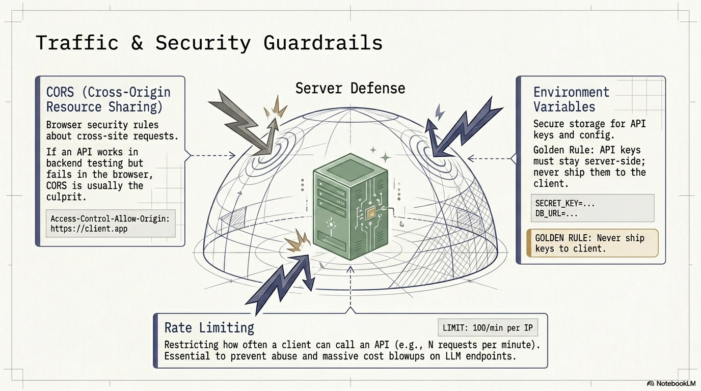 Infographic titled “Traffic & Security Guardrails” showing a server protected by defensive measures: CORS rules for cross-origin browser requests (with an Access-Control-Allow-Origin example), environment variables for securely storing API keys/config on the server (with a “never ship keys to client” warning), and rate limiting to restrict request frequency (e.g., 100/min per IP) to prevent abuse and cost blowups.