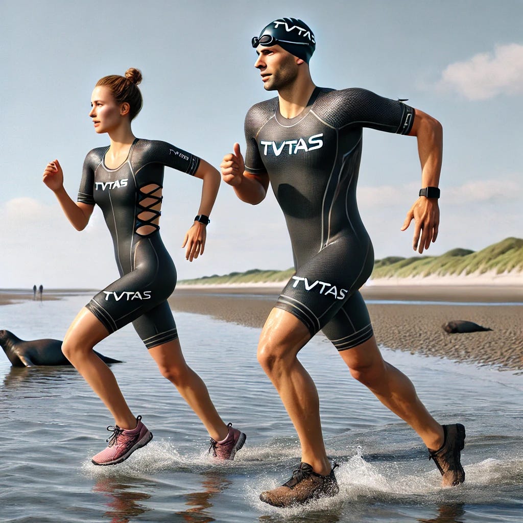 A photorealistic scene of one female and one male swimrunner running in the water between the Wadden Islands, wearing shorty wetsuits with short legs and sleeves, branded with 'TVTAS' only on the wetsuits, not on the swim caps. Both athletes are wearing trail running shoes and have proper hand swim paddles attached with rubber straps. They are running in shallow water, not on land, after swimming in the Wadden Sea. The scene shows them running in the same direction, with a seal resting on a distant sandbank. The sky is bright and sunny.