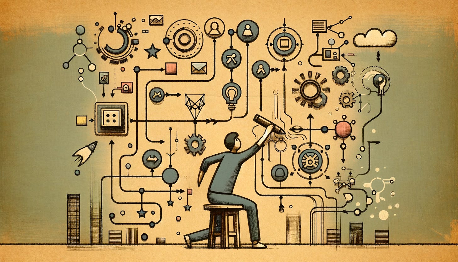 illustration of a person cheerfully erasing and redrawing parts of a complex, interconnected diagram, symbolizing the iterative process of refining understanding in the face of new information.