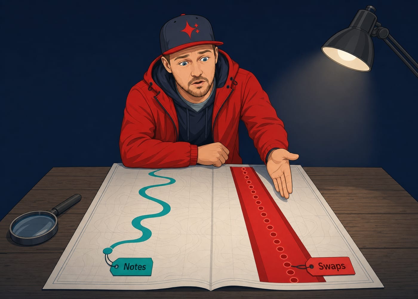 Workshop scene: Daniel leans over an open map with two paths — a thin winding teal path labeled Notes and a wide red path labeled Swaps streaming with sub icons.