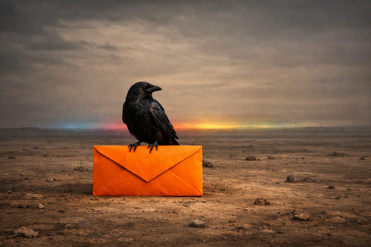 crow on a substack orange envelope in the middle of nowhere with that smear of rainbow on the horizon that looks like the google logo 
