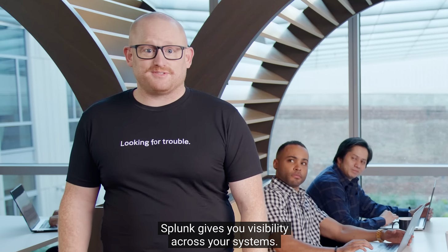 Scene from campaign video where the Splunk representative introduces the brands primary value prop: providing visibility across systems.
